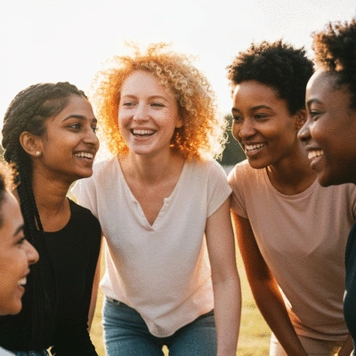 Diverse group of women in a supportive sisterhood circle, smiling and engaging in conversation, natural lighting, no text, no words, no typography, 8K