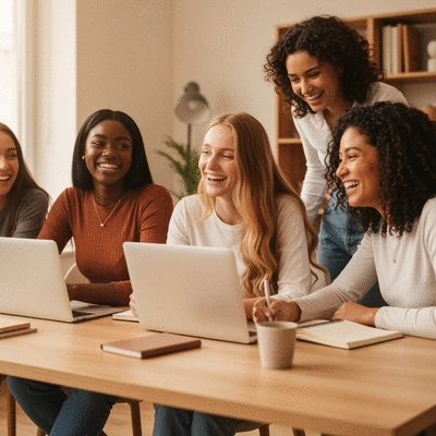 Group of diverse sorority sisters collaborating on event planning, laughing and brainstorming with laptops and notebooks