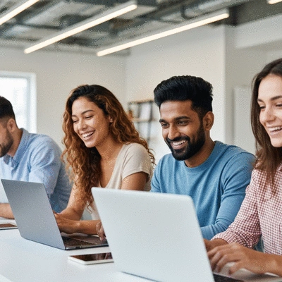 Diverse group of young adults engaging in a virtual recruitment event, smiling and interacting on screens
