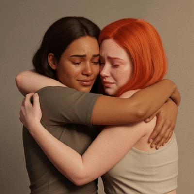 Two diverse women embracing and comforting each other, conveying strong emotional support and sisterhood, soft lighting, no text, no words, no typography, 8K
