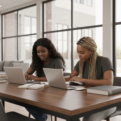 Two diverse sorority members studying together in a modern common room