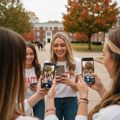 Sorority sisters interacting happily on social media platforms, showing community building and event promotion, clean image