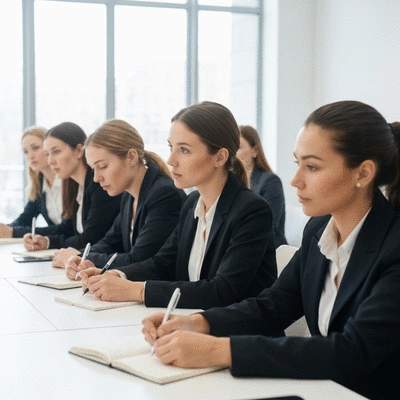 Young women participating in a professional development workshop, actively listening and taking notes, modern conference room, no text, no words, no typography, 8K