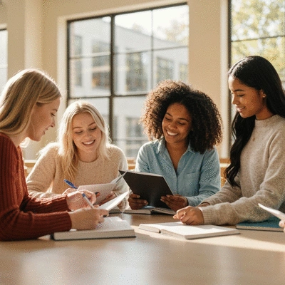 Group of diverse young women, possibly sorority sisters, studying together in a library, supporting each other and collaborating, no text, no words, no typography, clean image