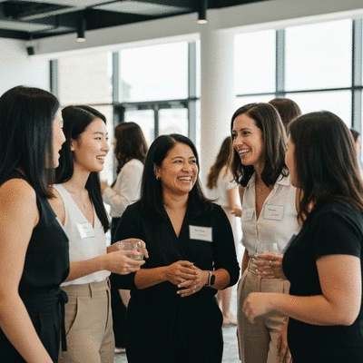 Sorority alumnae networking at a professional event, diverse group, positive atmosphere