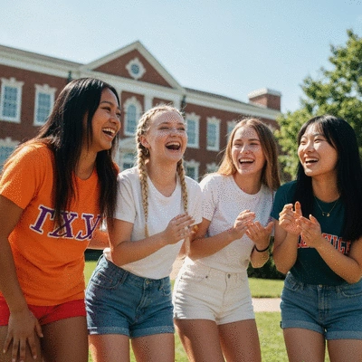 Diverse group of sorority members laughing and interacting
