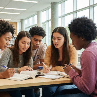 Diverse group of sorority students studying together in a modern campus library