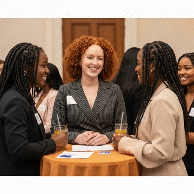 Diverse group of young professional women networking at a sorority alumni event, smiling and engaging in conversation, elegant setting, no text, no words, no typography, 8K