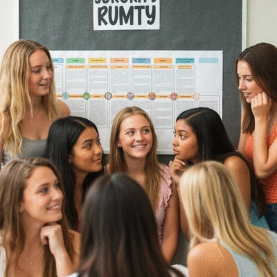 College women looking at a sorority rush timeline on a bulletin board