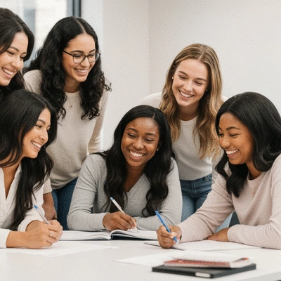 Diverse group of sorority women collaborating on a project, smiling and engaged, in a bright, modern setting