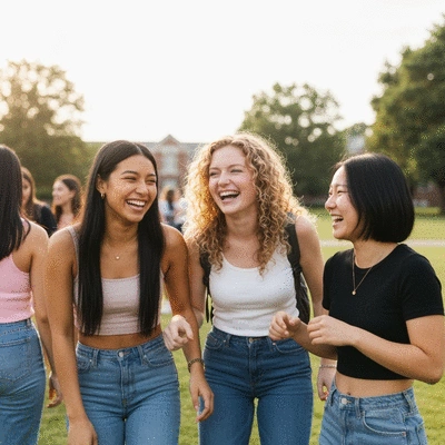 Diverse group of young women laughing and connecting during a sorority recruitment event on a college campus, natural lighting, soft focus background, no text, no words, no typography, clean image