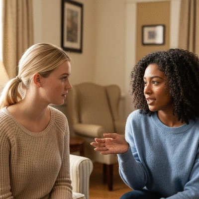 Two sorority sisters engaged in a deep conversation, demonstrating active listening and empathy
