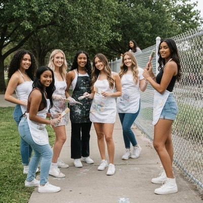 Group of diverse young women in a sorority, actively participating in a community service project, demonstrating teamwork and engagement