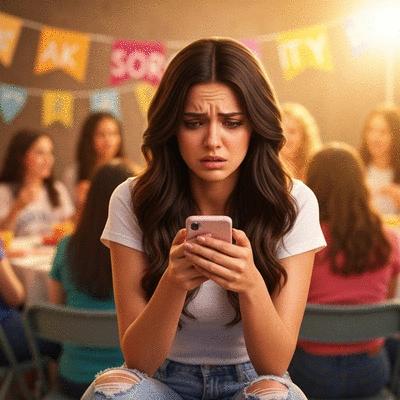 Young woman looking stressed while holding a phone, symbolizing recruitment anxiety