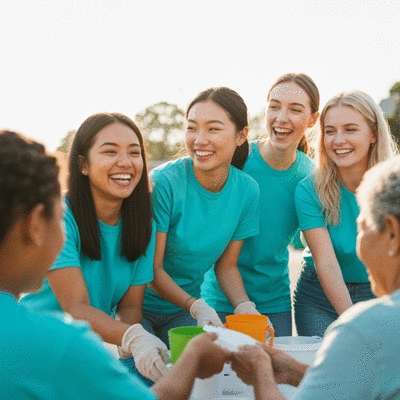 Happy diverse group of sorority members volunteering at a community event outdoors