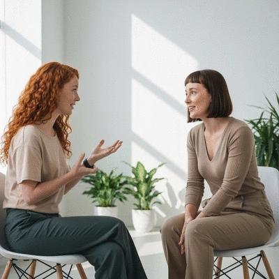 Two women engaged in supportive conversation, demonstrating openness