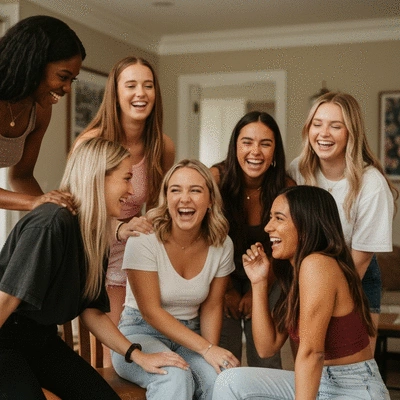 Multi-ethnic group of Gen Z women laughing and interacting authentically in a sorority setting, natural lighting, no text, no words, no typography, clean image