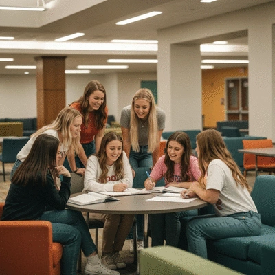 Group of diverse sorority members studying together in a library, engaged and collaborating.