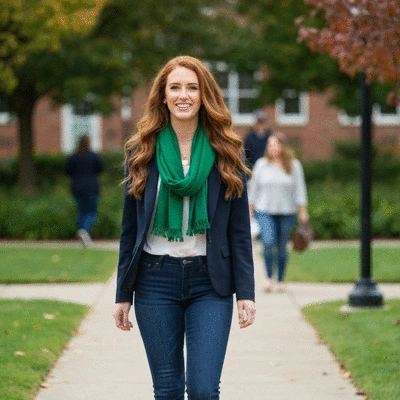 Stylish sorority sister confidently walking on campus, wearing a well-curated seasonal outfit, possibly a chic blazer and jeans, with a vibrant scarf, reflecting individuality and sorority pride. no text, no words, no typography, no labels, clean image