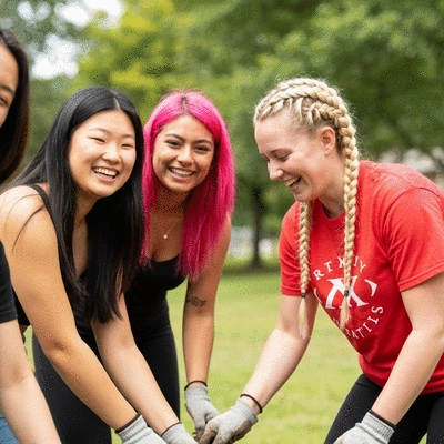 Diverse group of sorority sisters actively participating in a community service event, laughing and working together, outdoors, sunny day, natural lighting, no text, no words, no typography, clean image