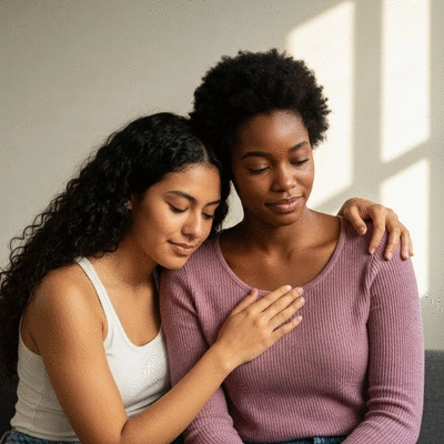 Two sorority members comforting each other in a warm, supportive setting