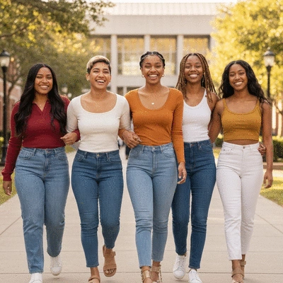 Diverse group of sorority sisters on campus, smiling and walking together, showcasing their unique but coordinated seasonal outfits, embodying sisterhood and fashion. no text, no words, no typography, no labels, clean image