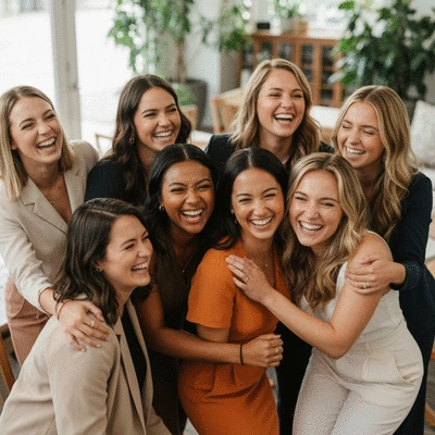 Group of sorority sisters laughing and hugging at a reunion event