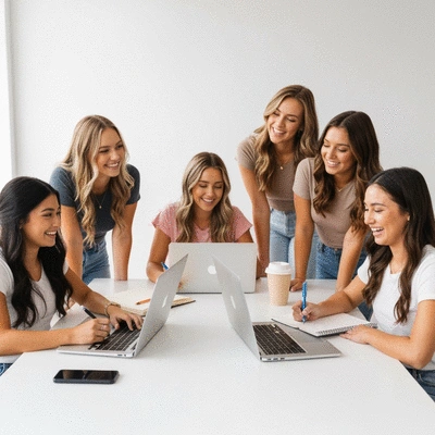 Sorority sisters collaborating on event planning with laptops and notebooks, vibrant and organized setting