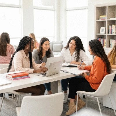 Diverse group of sorority sisters studying together in a modern common room, bright and airy, no text, no words, no typography, clean image