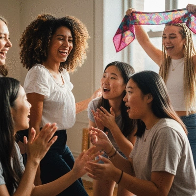 Diverse group of sorority members engaging in a cultural exchange activity, laughing and sharing stories