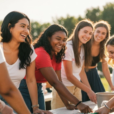 Diverse group of sorority sisters volunteering at a community event, laughing and working together, bright and positive atmosphere, natural lighting, no text, no words, no typography, 8K