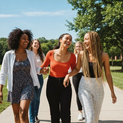 Diverse group of college-aged women laughing and walking together on a vibrant campus pathway