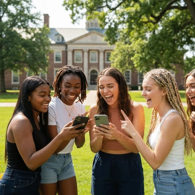 Diverse group of sorority sisters happily communicating and planning an event on a mobile app, clean image