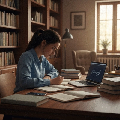 College student studying with books and laptop