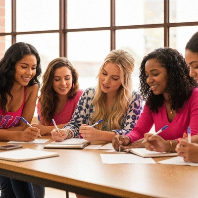 Diverse group of sorority members actively participating in a campus workshop, engaged and taking notes