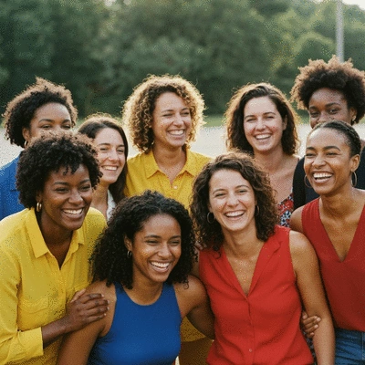 Diverse group of women smiling and supporting each other, representing sisterhood