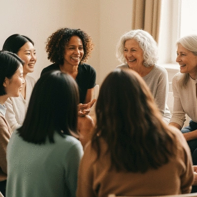 Diverse group of women sitting in a circle, sharing stories and listening to each other, representing storytelling in sisterhood
