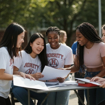 Sorority members organizing a charity event on campus, vibrant and energetic atmosphere, diverse students collaborating, natural lighting, no text, no words, no typography, 8K