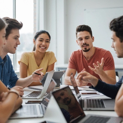 Students engaged in a group discussion, taking notes, symbolizing feedback gathering and planning for future events