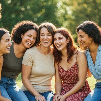 Diverse group of women laughing and sharing stories in a supportive, natural setting