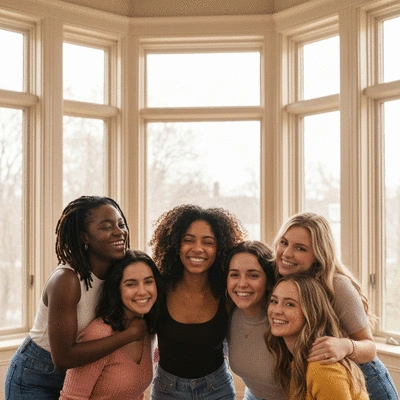 Diverse group of sorority sisters smiling and embracing each other, showing inclusivity and support