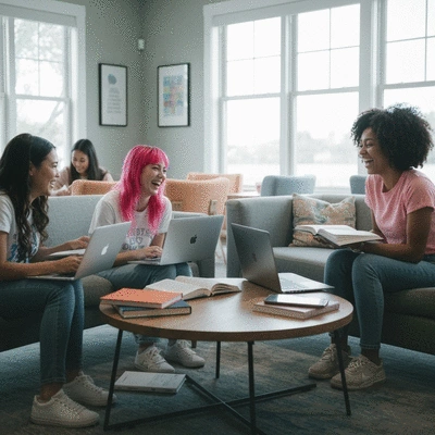 Diverse group of young women laughing and studying together in a modern, well-decorated sorority common room, symbolizing sisterhood and community.