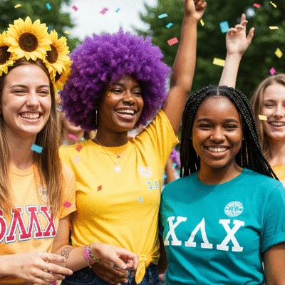 Group of diverse young women celebrating Bid Day with smiles and confetti