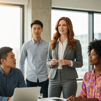 Professional sorority woman in a modern office setting, confidently presenting during a meeting