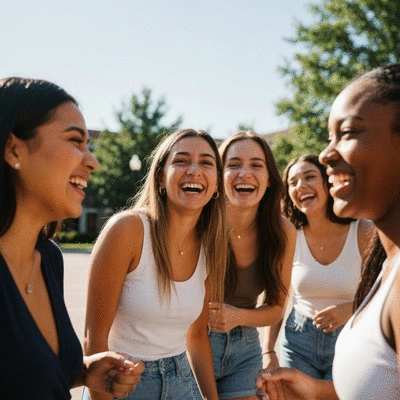 Sorority sisters laughing and talking on a college campus quad, diverse group, natural light