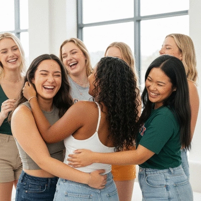 Diverse group of sorority women celebrating together, laughing and hugging, in a vibrant, positive setting, no text, no words, no typography, no labels, clean image