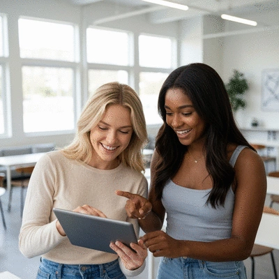 Happy sorority sisters reviewing event planning checklist on a tablet, smiling and collaborating