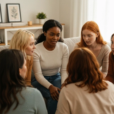 Diverse group of young women in a sisterhood setting engaged in active listening and open dialogue, showcasing strong bonds