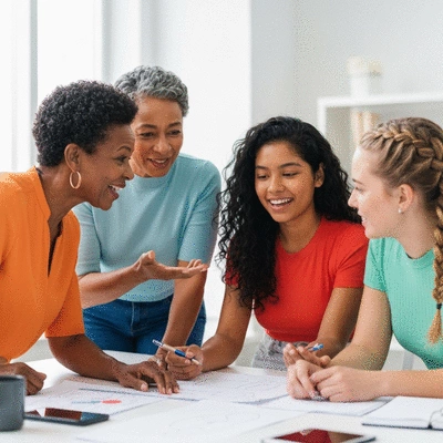 Diverse group of women collaborating on a project, showing mutual support and personal growth