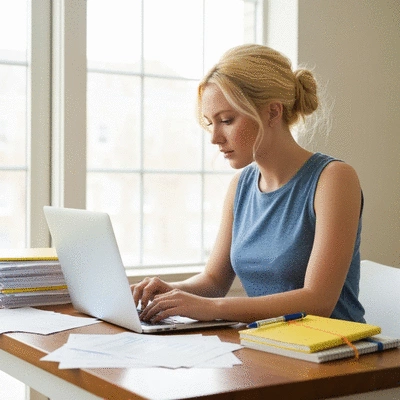 Young woman budgeting for sorority dues on a laptop